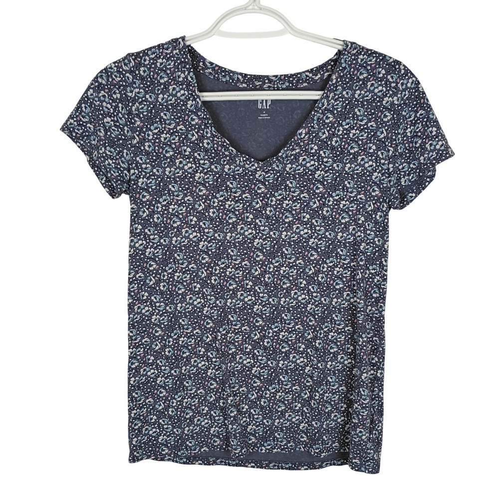 Gap Favorite V-Neck T-Shirt Womens Small Blue Floral Ditsy Print Short Sleeve